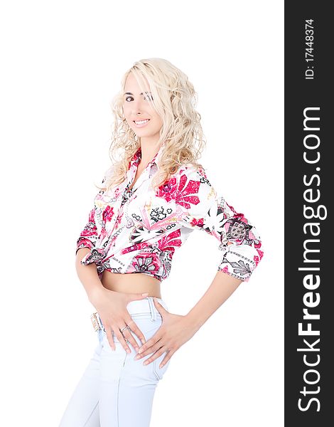 Blond model wearing a color shirt on a white background