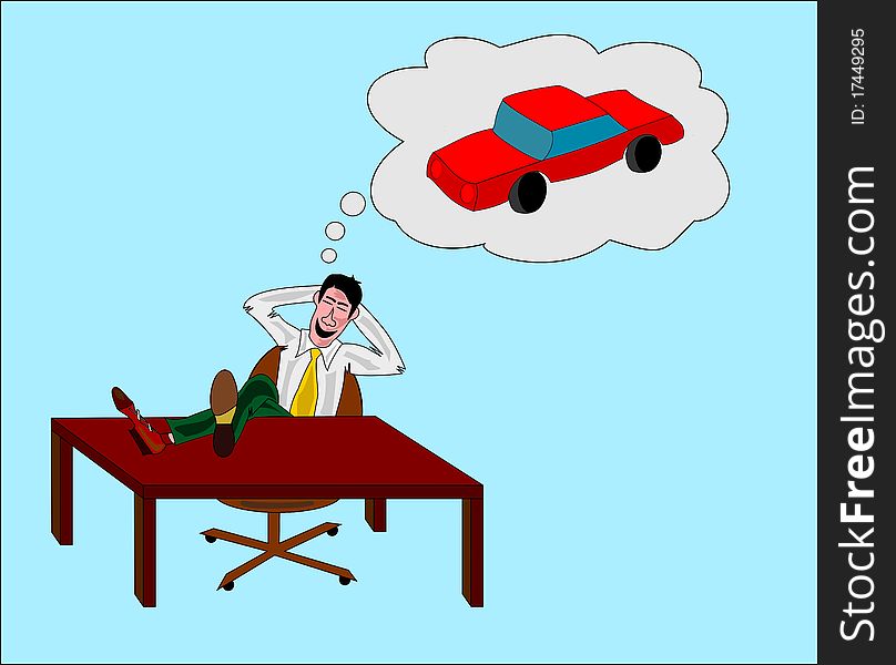 Businessman in office thiniking to a red car. Businessman in office thiniking to a red car