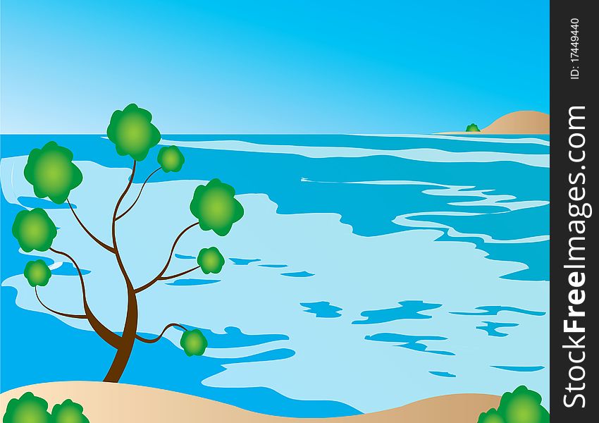 Illustration treespring summer vector blue sky clouds water sea. Illustration treespring summer vector blue sky clouds water sea