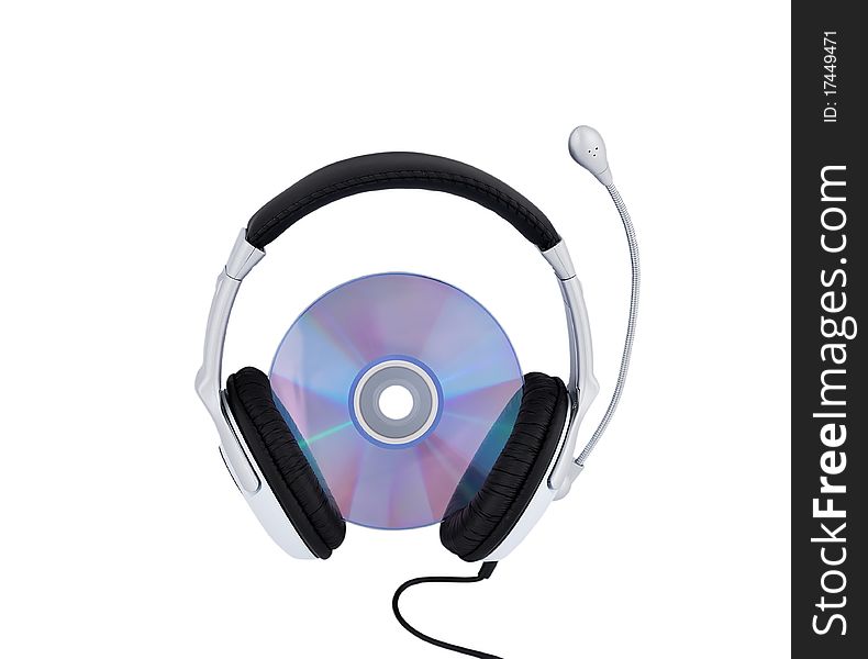 Headphones with a microphone and a CD on a white background. Headphones with a microphone and a CD on a white background