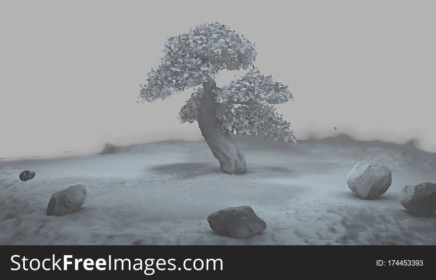 Mystical landscape 3d render, bonsai tree, nature, fantastic landscape