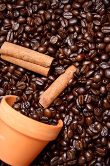Clay Bowl With Coffee Beans And Cinnamon Stock Photo Clay Bowl With Coffee Beans And Cinnamon Stock Photo