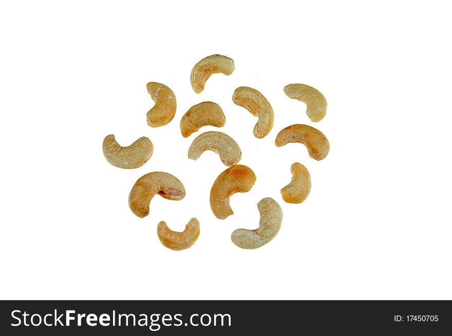 Dried cashew nut on white background
