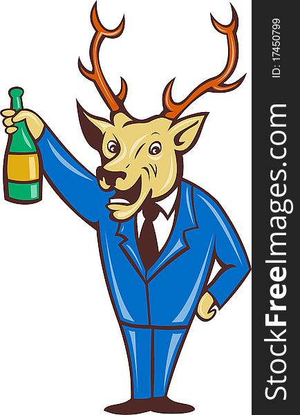 Illustration of a cartoon deer holding champagne wine bottle in business suit on isolated background. Illustration of a cartoon deer holding champagne wine bottle in business suit on isolated background