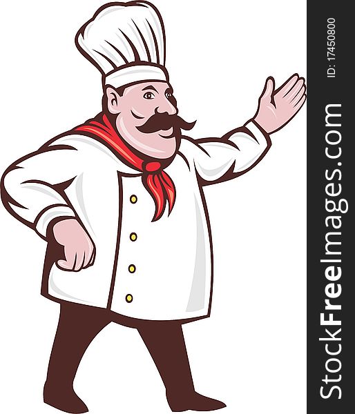 Illustration of a cartoon Italian chef with mustache saying hello or welcome with hands extended isolated on white. Illustration of a cartoon Italian chef with mustache saying hello or welcome with hands extended isolated on white