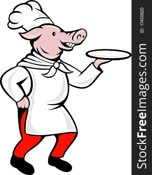 Illustration of a cartoon pig chef cook or baker serving platter plate dish isolated on white viewed from side. Illustration of a cartoon pig chef cook or baker serving platter plate dish isolated on white viewed from side