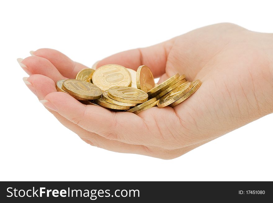 Hands with coins isolated on white background