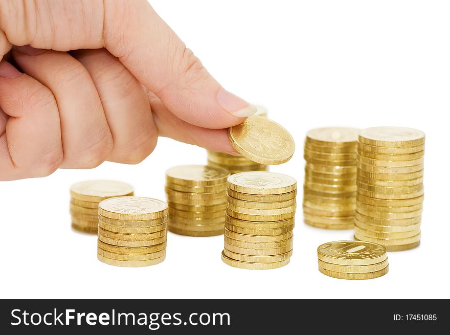 Hands with coins isolated on white background