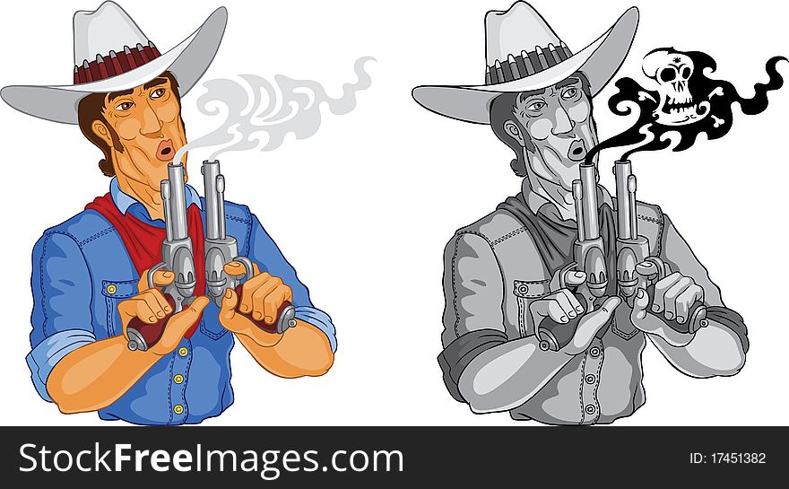 The man in cowboy's clothes, having control over two pistols, blows off a smoke from their trunks. The man in cowboy's clothes, having control over two pistols, blows off a smoke from their trunks.