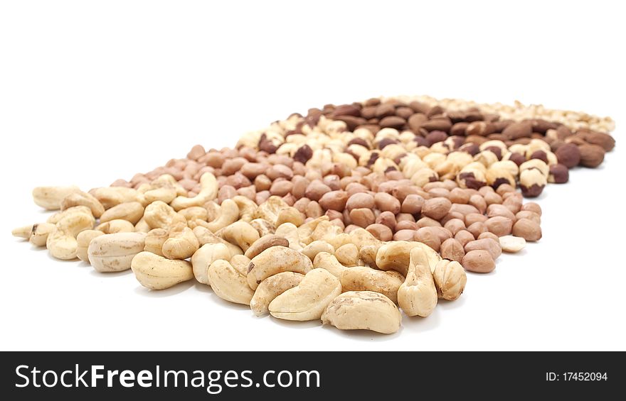Variety of nuts on a white background