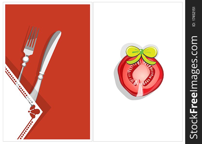 Double poster, with cutlery and a slice of tomato with a bow. Double poster, with cutlery and a slice of tomato with a bow