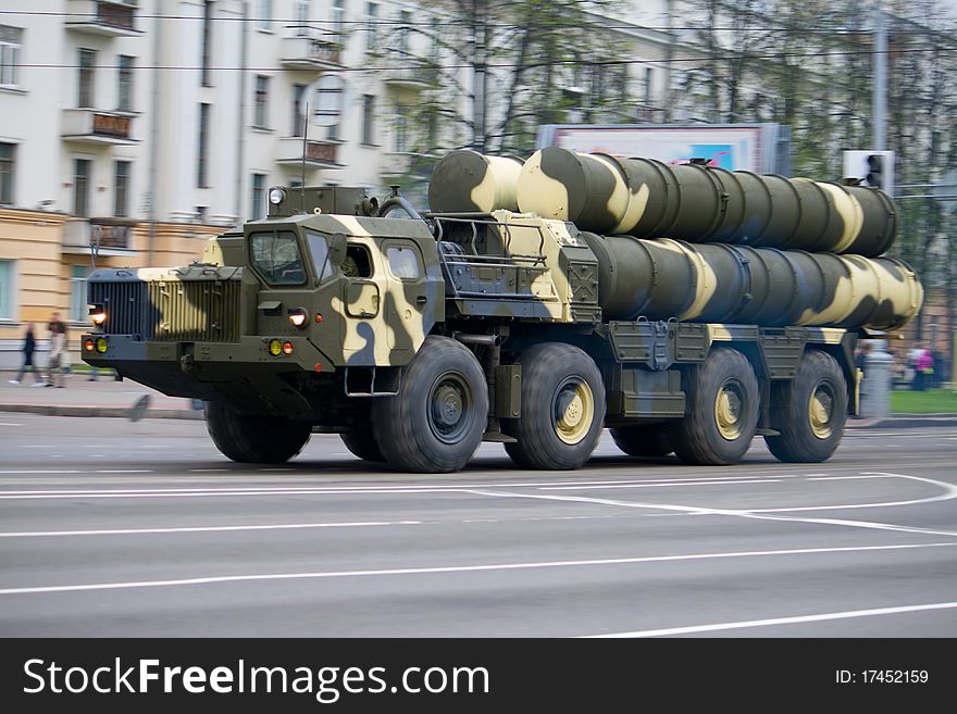 Anti-aircraft complex s-300 in motion on city street