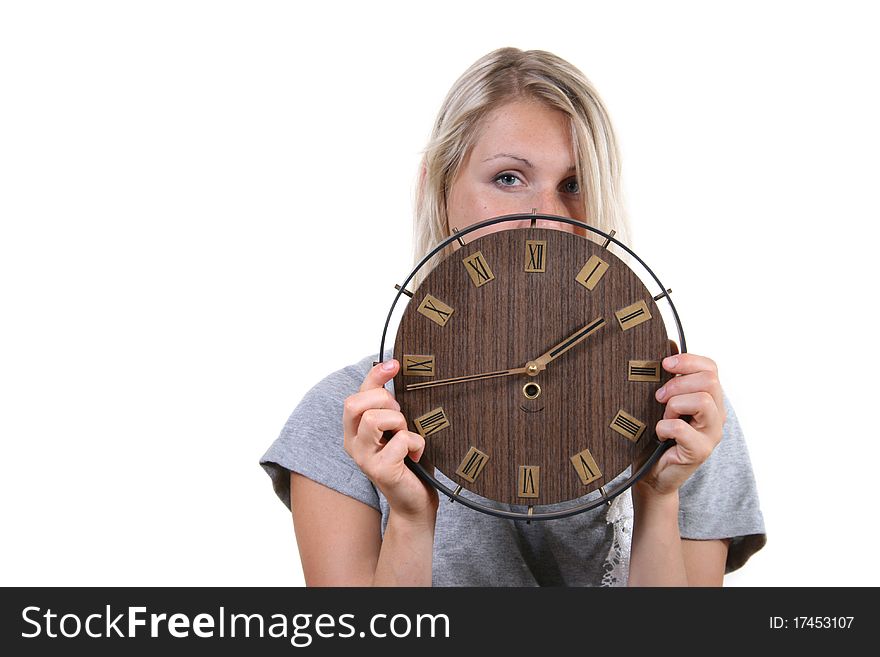 woman hold clock in front isolated on white background
