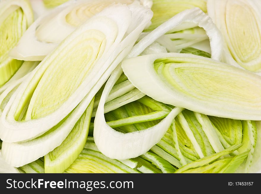 Chopped raw leek close up