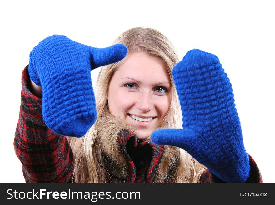 woman with blue gloves on her hands isolated on white