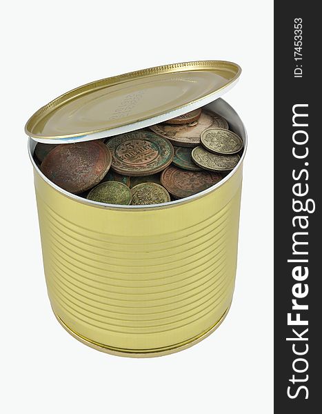 Open can with old silver and copper Russian coins over white background. Open can with old silver and copper Russian coins over white background