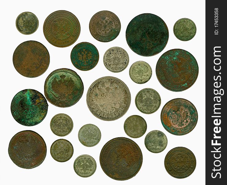 Set of old Russian coins lying reverse on a white background. Set of old Russian coins lying reverse on a white background