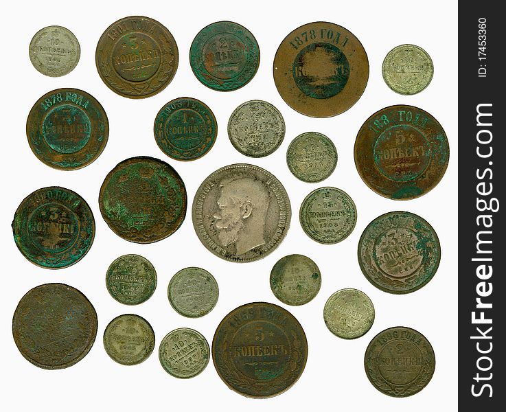 Set of old Russian coins lying obverse on a white background. Set of old Russian coins lying obverse on a white background