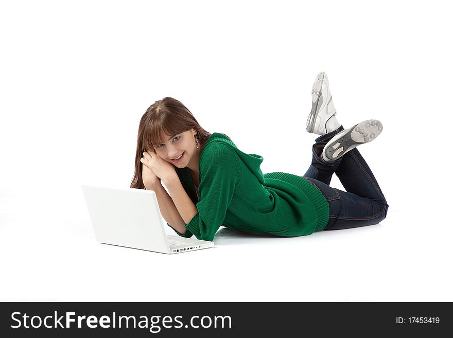 Woman in mint green hooded coat over white background. Woman in mint green hooded coat over white background