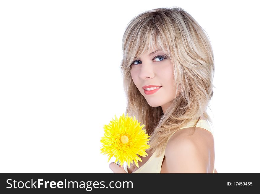 Beautiful woman with blond hair over white background