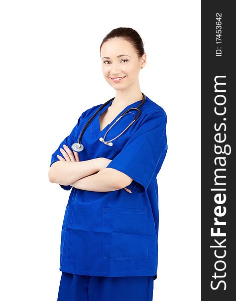 Woman doctor in uniform stay over white background