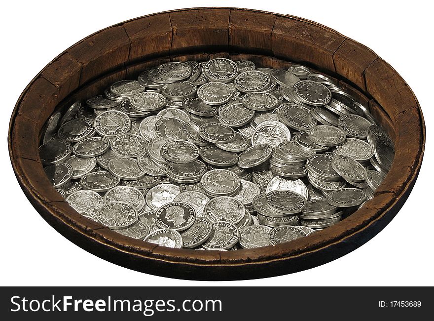 Silver coins treasure in a barrel from wood