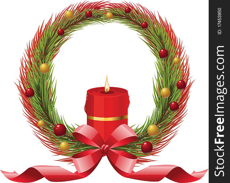 Christmas wreath with candle, ribbon, xmas tree branches and holly berries. Vector illustration