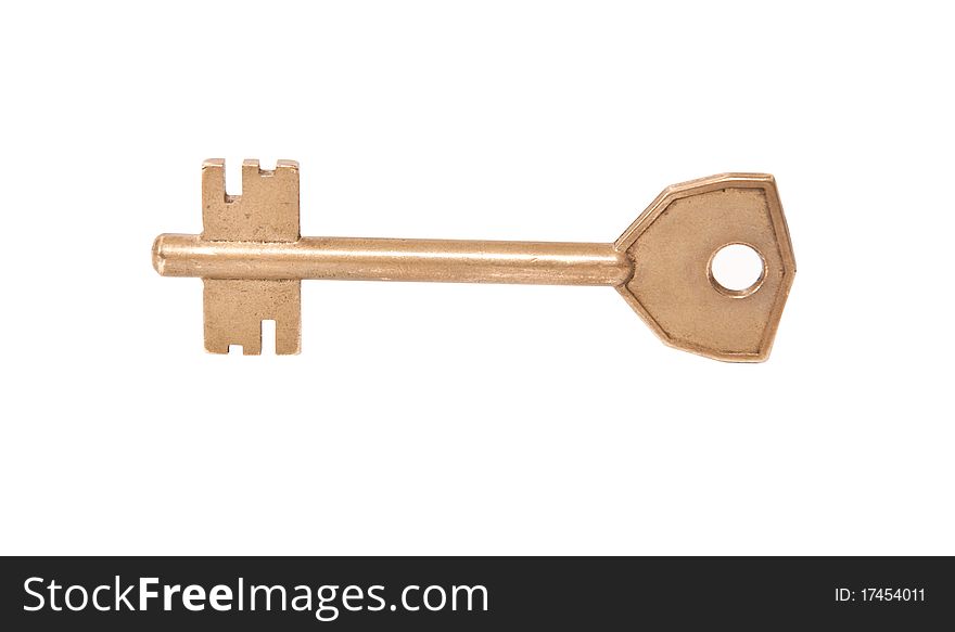 Old yellow key on a white background