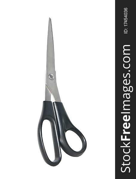 Metallic scissors with black pen on white background