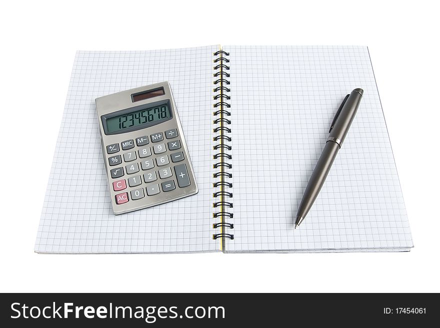 Open diary and calculator on a white background