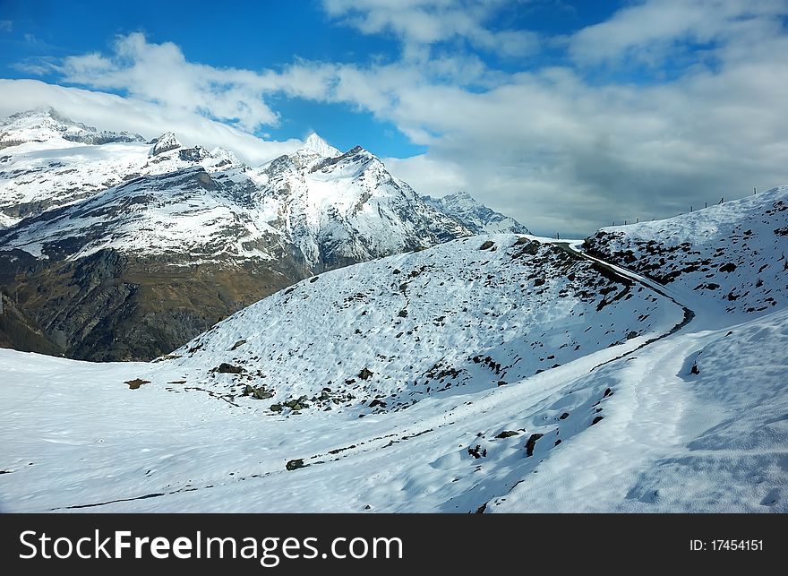 Trail on Snowy mountain top