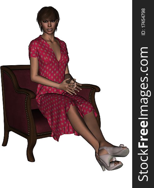 3D render of a young modern, contemporary woman in a typical seated conversation pose. 3D render of a young modern, contemporary woman in a typical seated conversation pose.