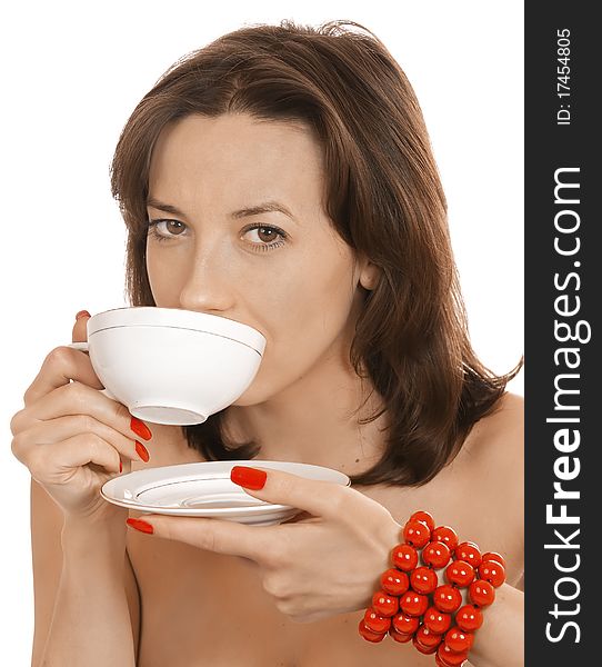 Girl With A Cup In A Red Beads