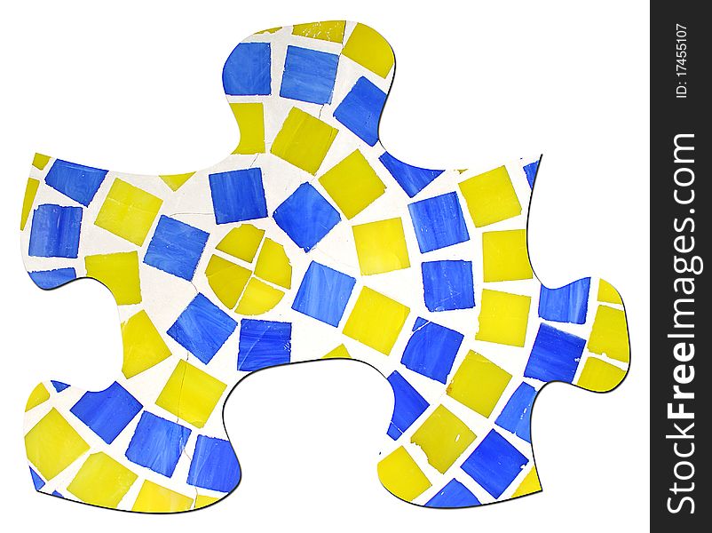 Large puzzle piece made of blue and yellow tiles and grout. Large puzzle piece made of blue and yellow tiles and grout.