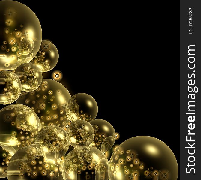 Fantasy background with golden bubbles and stars on black. Fantasy background with golden bubbles and stars on black