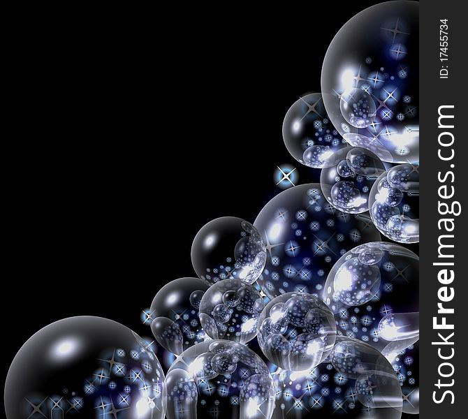 Fantasy background with bleu bubbles and stars on black. Fantasy background with bleu bubbles and stars on black