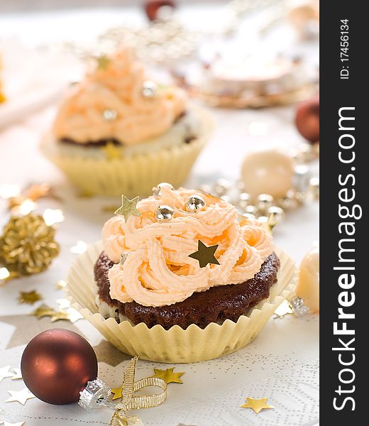 Chocolate muffins with christmas decoration