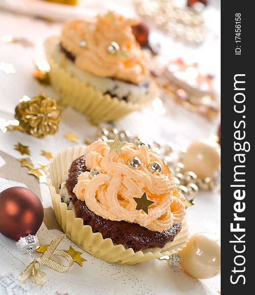 Chocolate muffins with christmas decoration