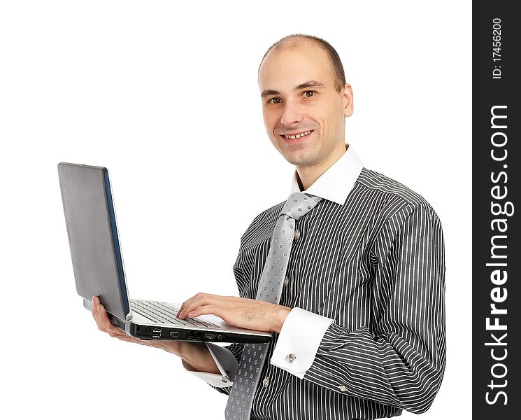 Happy man with laptop isolated on white