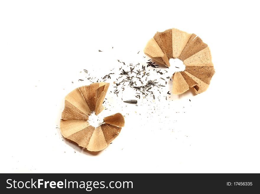Close view detail of shavings of pencil sharpners isolated on a white background.