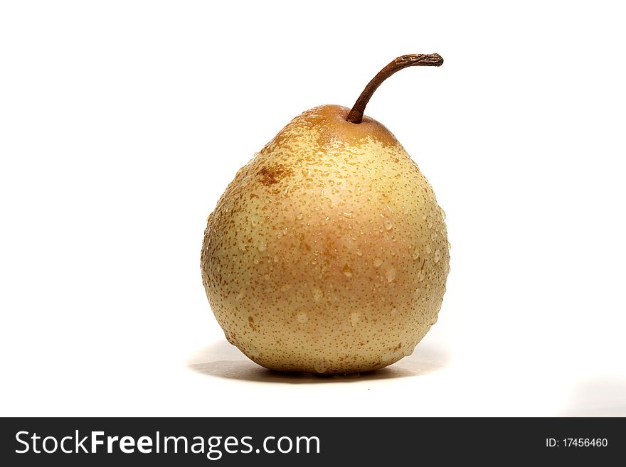 Close view detail of a  pear isolated on a white background. Close view detail of a  pear isolated on a white background.