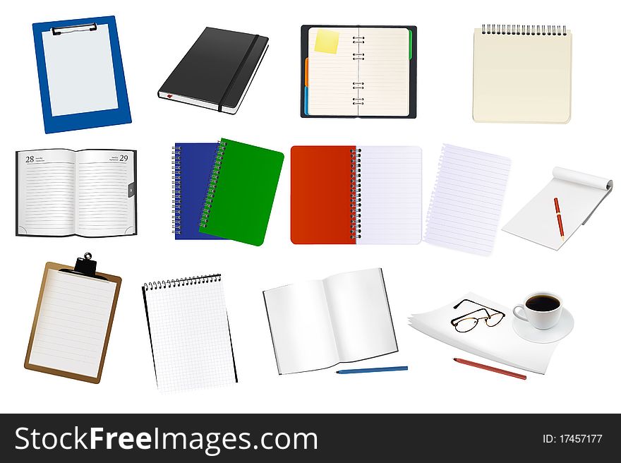 Some notebooks and office supplies. Some notebooks and office supplies.
