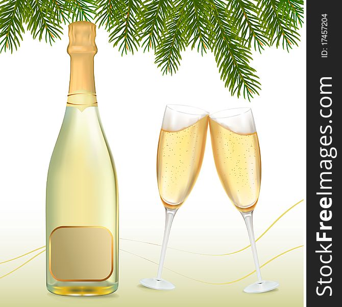 Vector illustration. Two glasses of champagne with bottle.