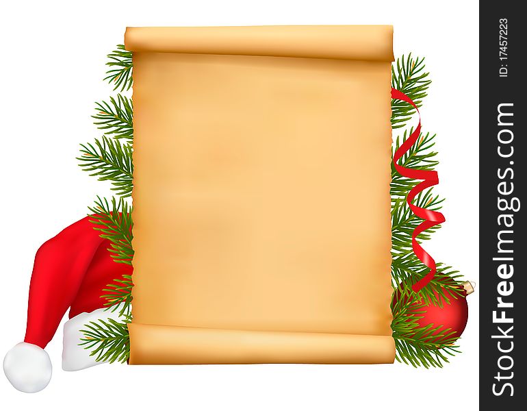 Red ribbons and Santa hats and gift box. Vector.