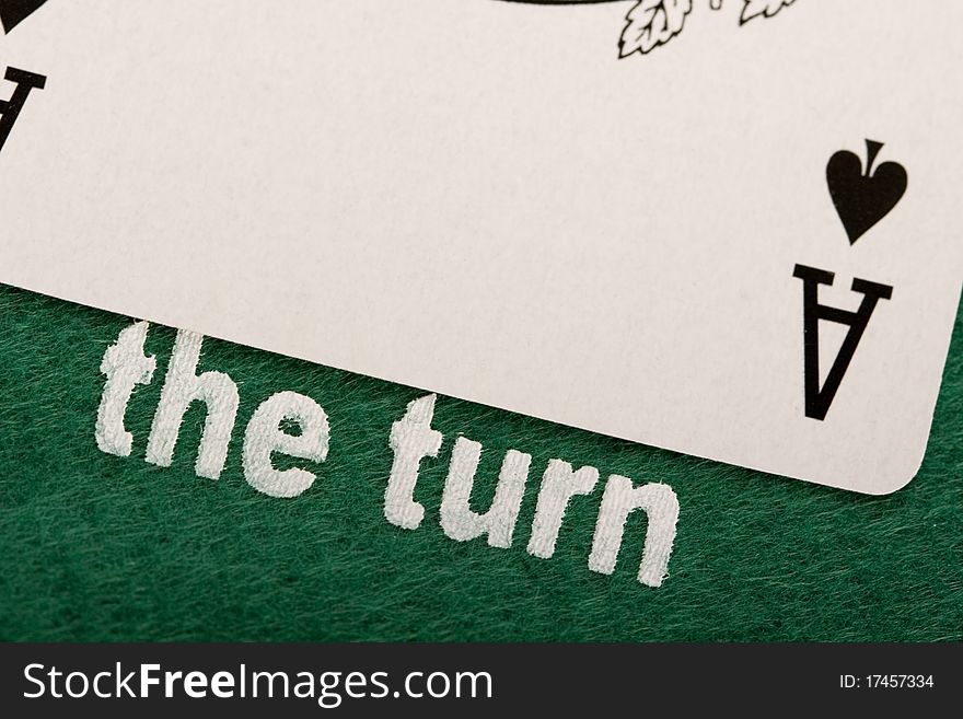 Close-up of Poker cards and gambling chips on green background