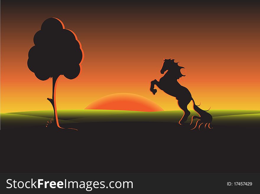 Illustration, silhouette black on background of the sundown. Illustration, silhouette black on background of the sundown