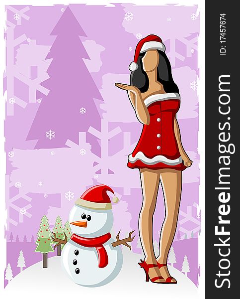 Christmas background with Mother santa and snowman.