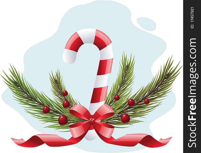Decorative Christmas candy cane, ribbon, xmas tree and holly berries. Vector image, easily edited