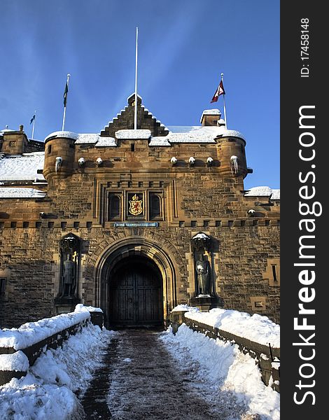 Gate to edinburgh castle in snow. Gate to edinburgh castle in snow