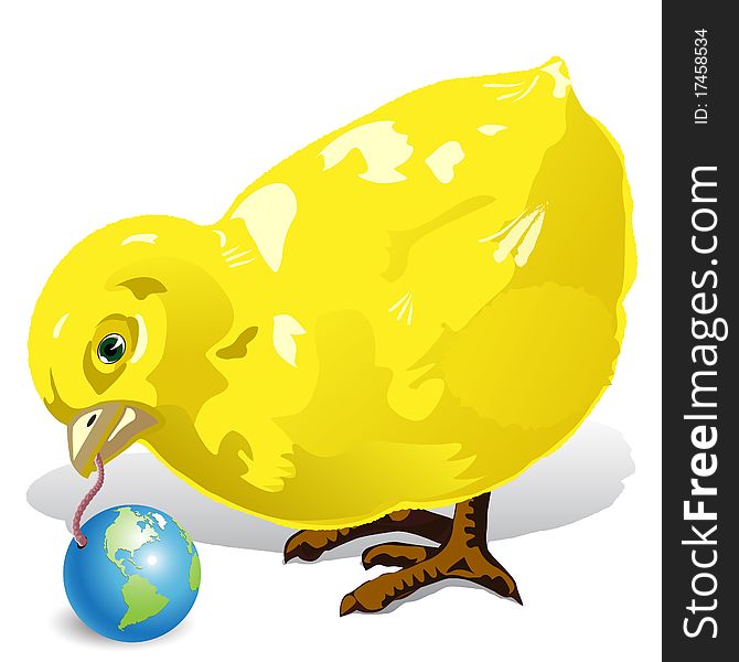 Illustration, yellow chicken takes hearts out of globe